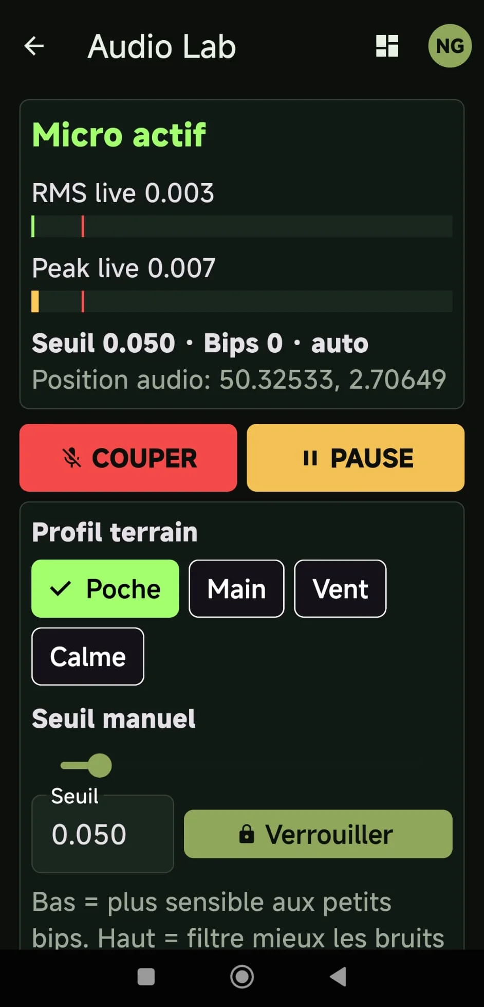 Audio Lab live avec RMS Peak et seuil