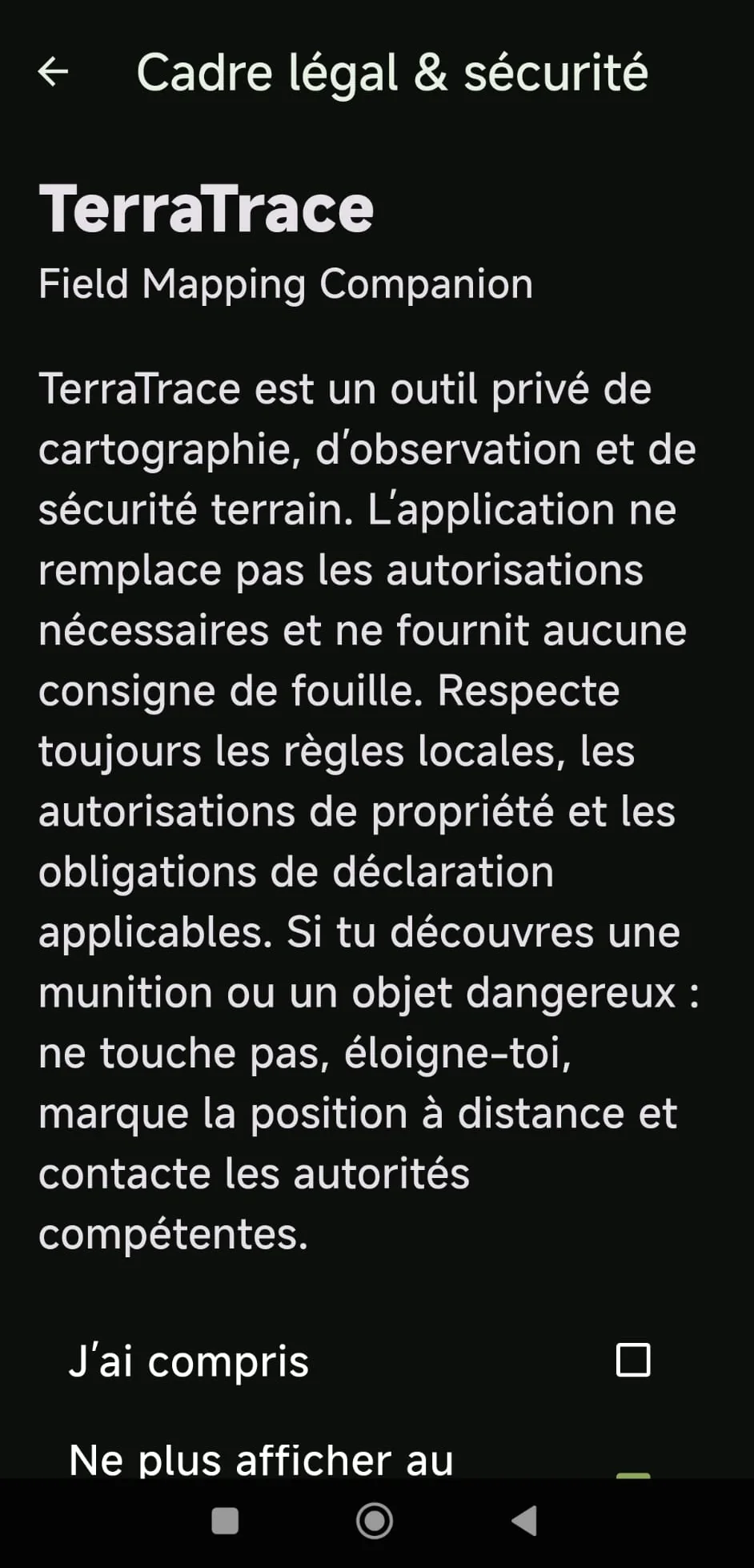 Cadre legal et securite TerraTrace