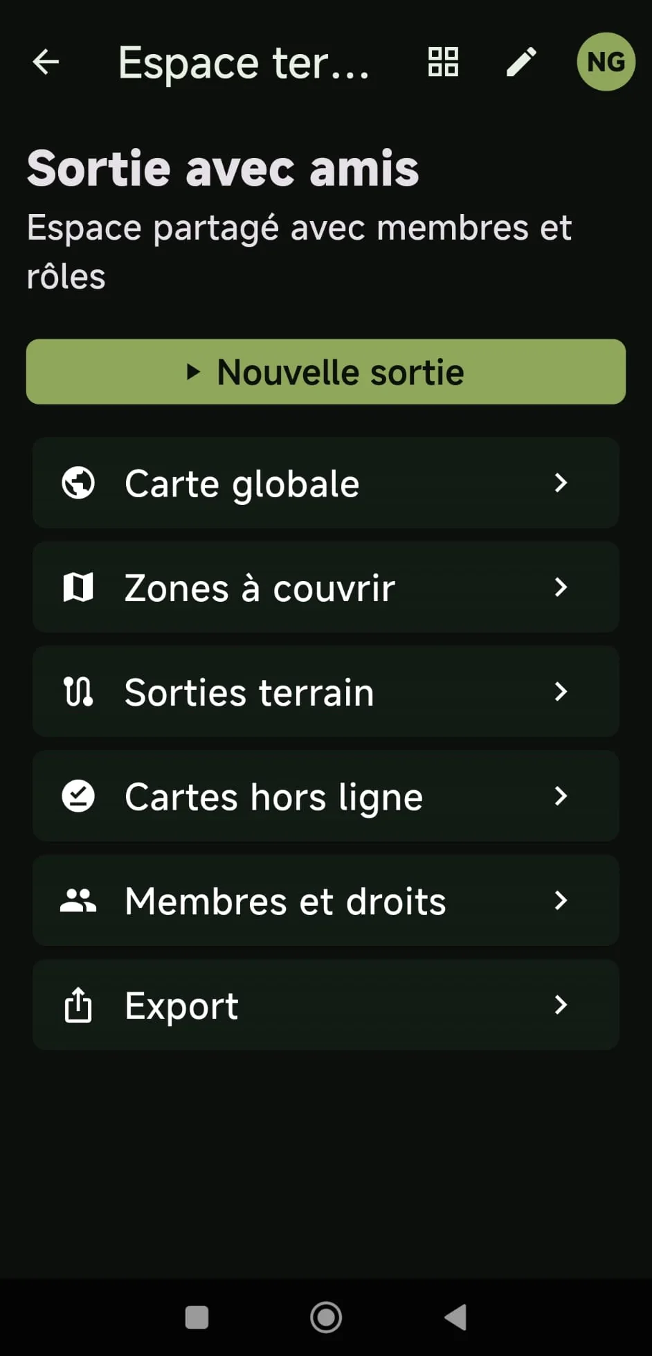 Menu d'espace terrain TerraTrace